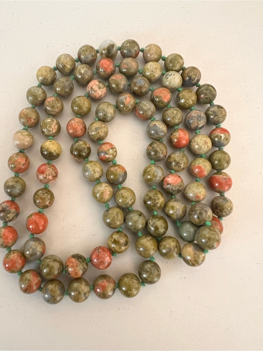 Natural Green and Coral Jasper Bead Necklace